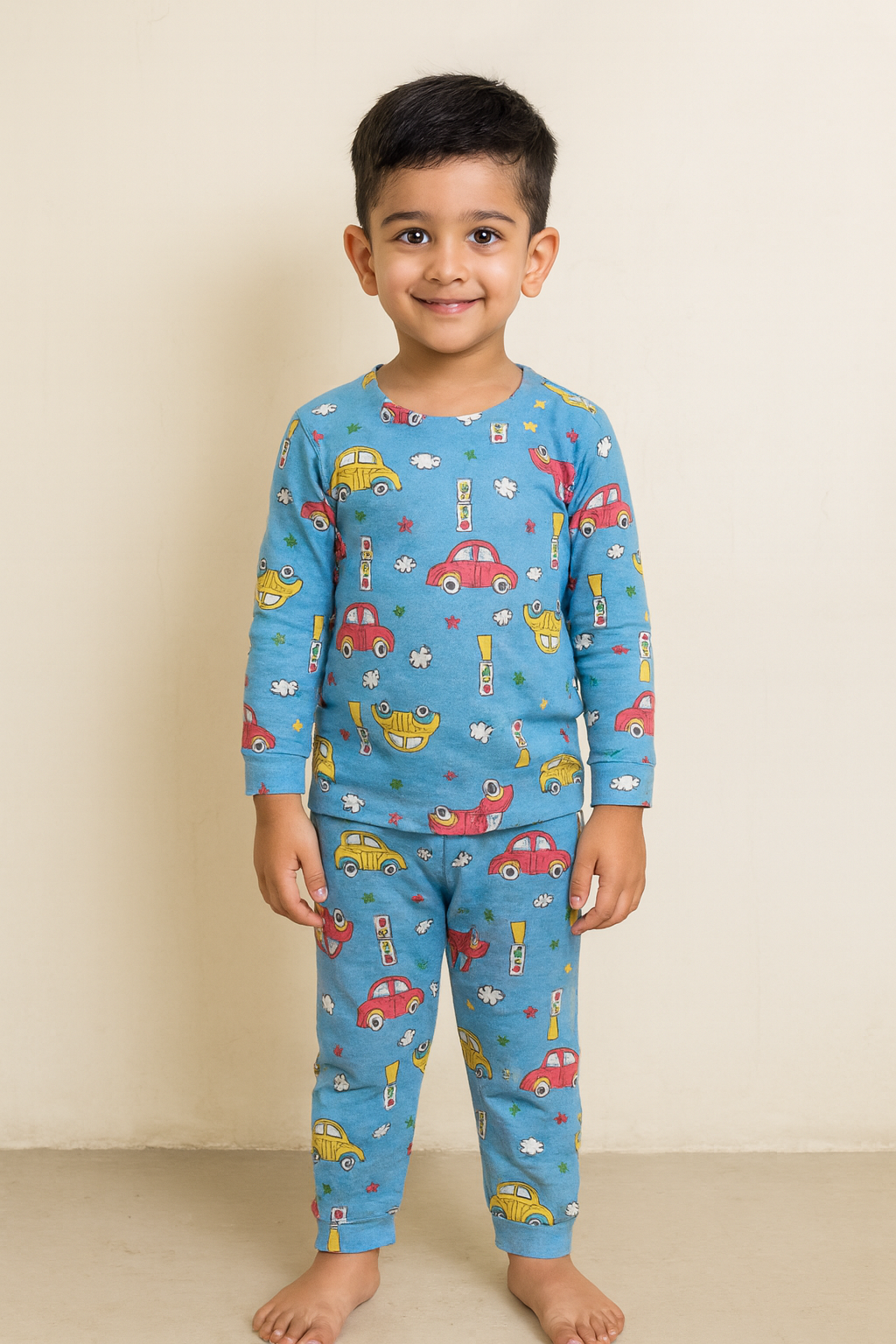 Soft sky-blue base with cute car, cloud, and traffic-light prints