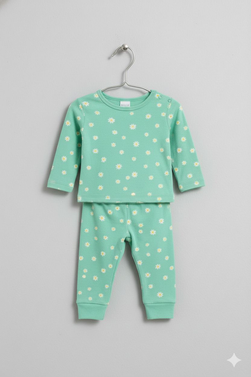 Premium Loop Net mint green full-sleeve co-ord set decorated with tiny white and yellow daisy prints.