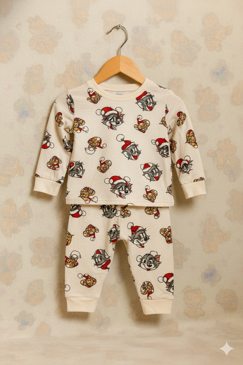 Baby Co -Ord set full sleeve cream- coloured cartoon mouse face print (snap button)