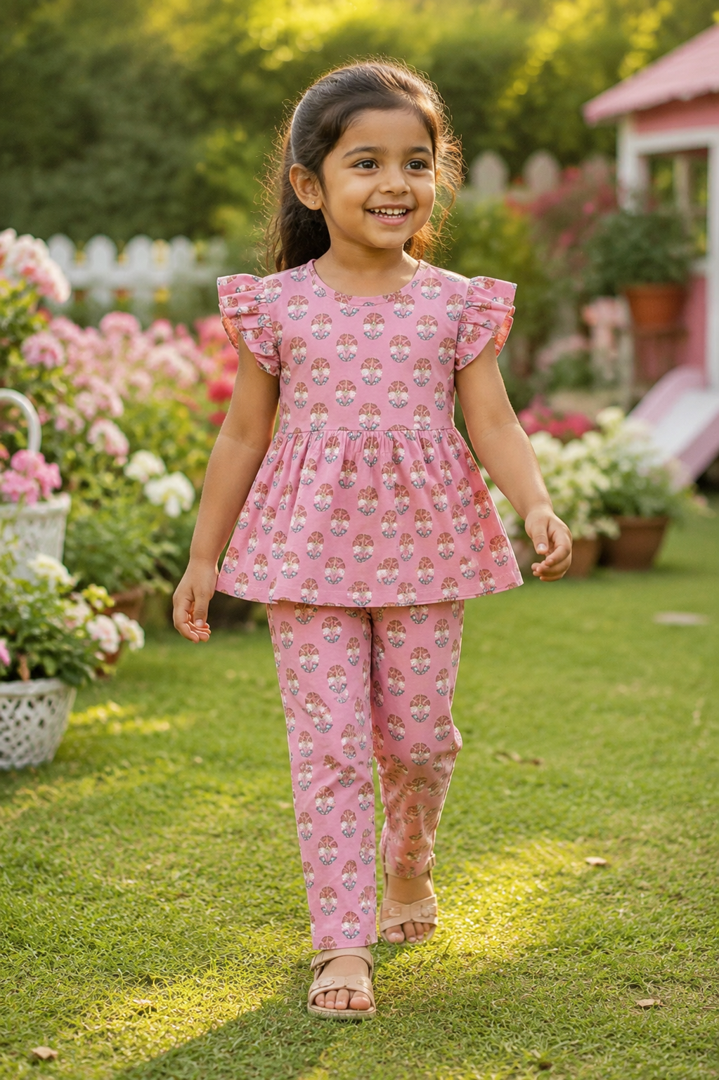 Soft pink floral motif-Peplum Girls set