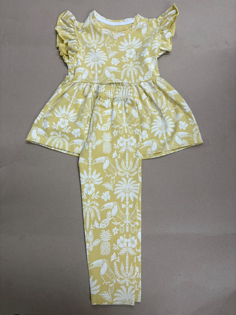 Mustard yellow and white tropical print-Peplum Girls set