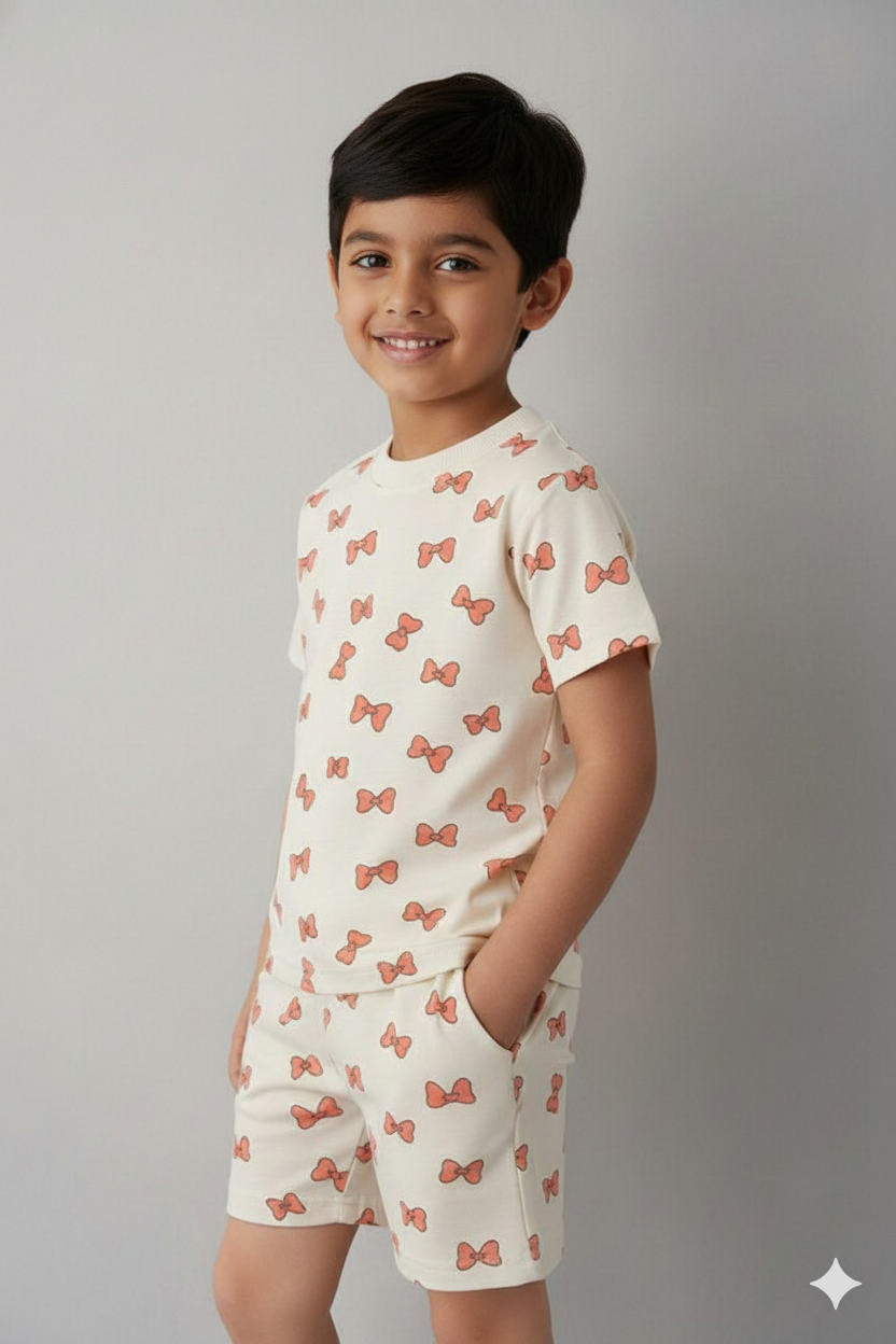 Soft and comfy cream-colored kids’ co-ord set featuring an all-over orange bow print. Lightweight, breathable, and perfect for everyday wear or playtime.