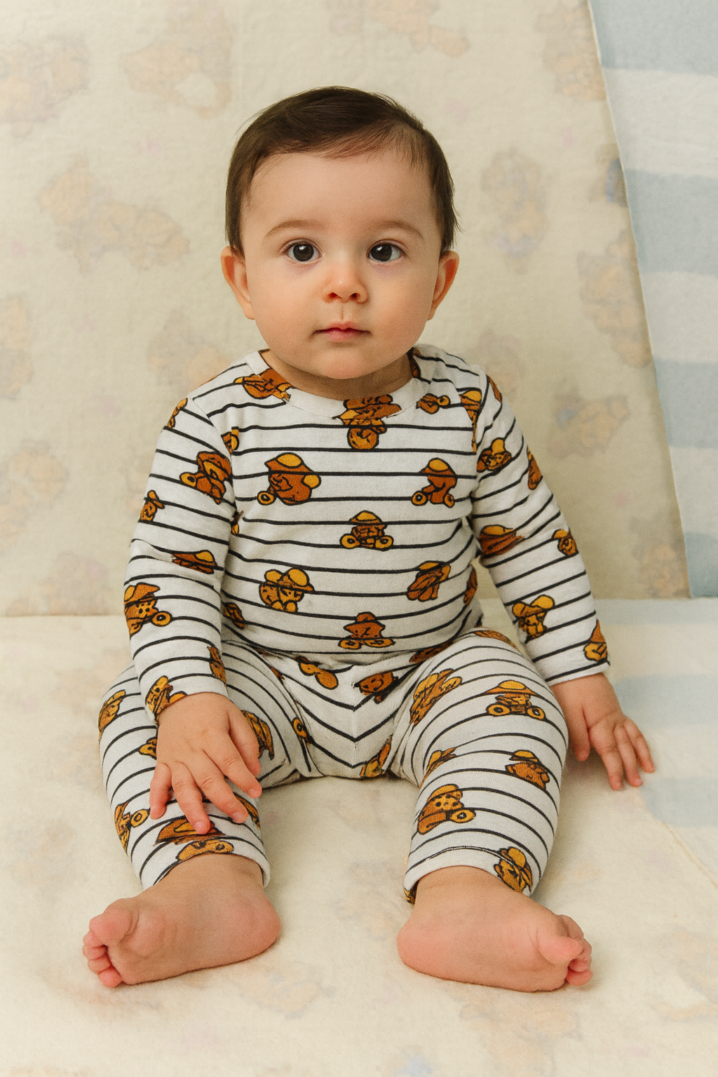 Baby Co -Ord set full sleeve white and black striped full-sleeve  decorated with cute brown teddy bear prints(snap button)