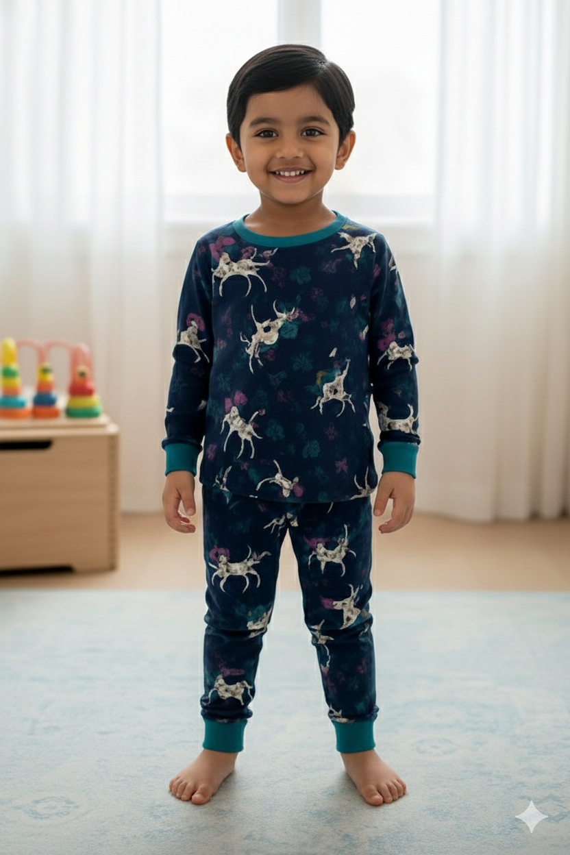 19-Premium winter Dark navy full-sleeve co-ord set decorated with cute unicorn and floral prints