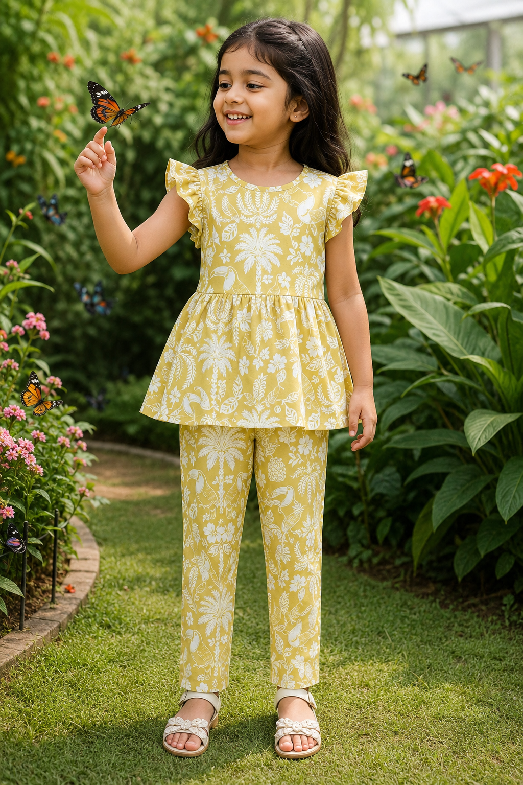 Mustard yellow and white tropical print-Peplum Girls set