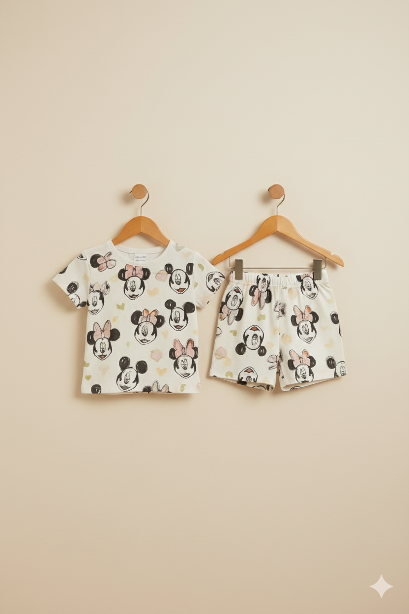 Premium cotton Minnie Mouse with matching top and shorts—soft, stylish, and comfortable.