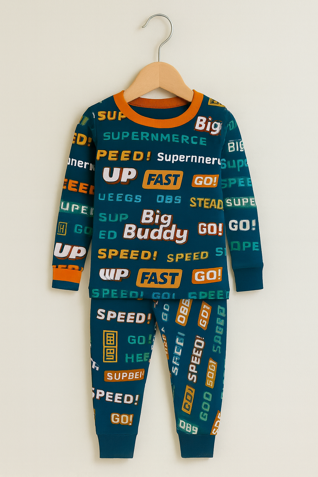 Premium winter Navy-blue full-sleeve co-ord set colourful graphic text prints in orange, yellow, green, red, and white