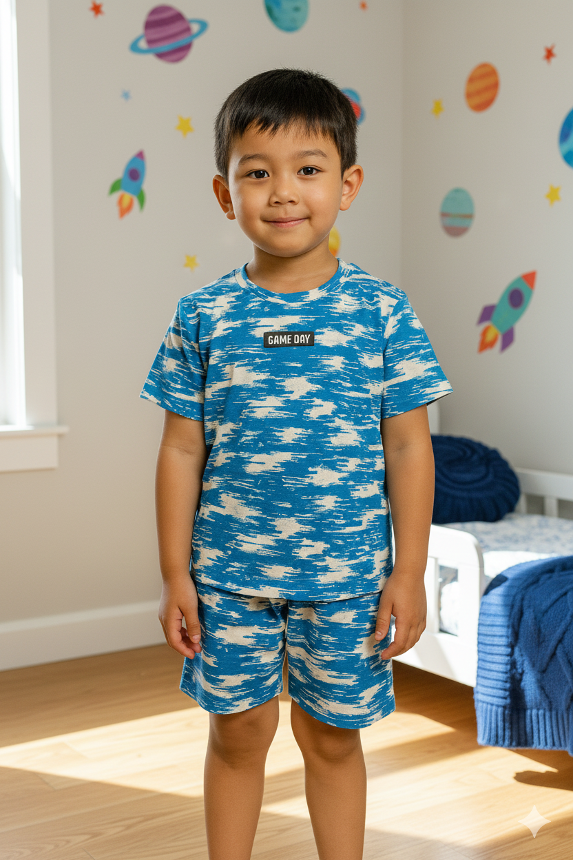 Bright and sporty two-piece short set for a boy, featuring a vibrant sky blue and off-white abstract print.