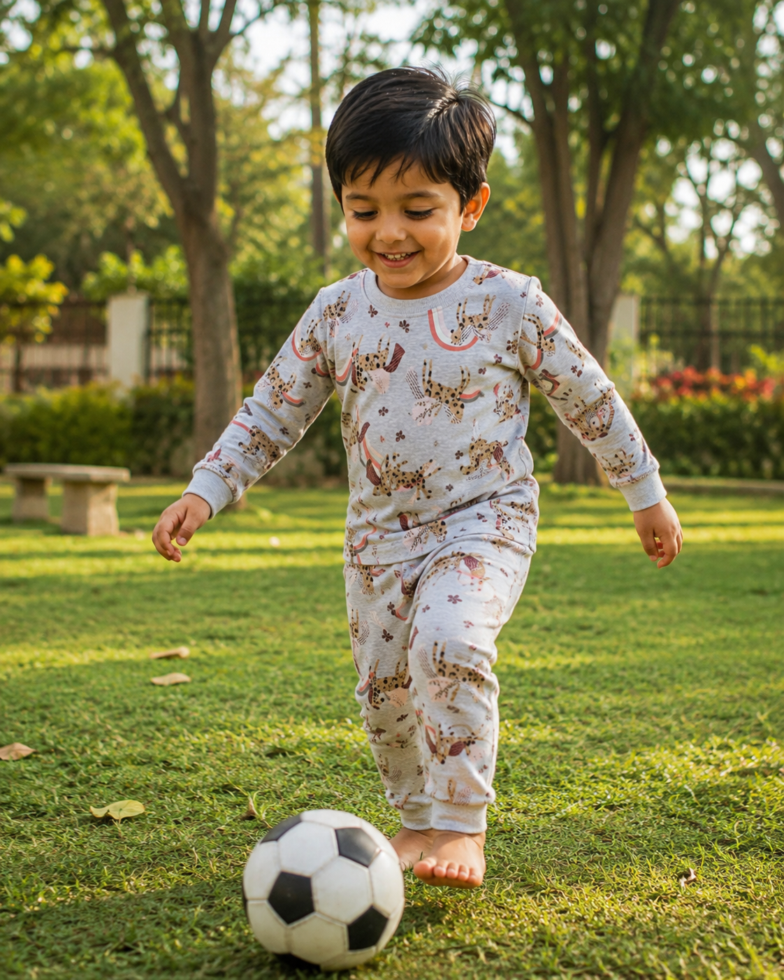 Premium winter Light grey full-sleeve co-ord set featuring playful animal and rainbow prints