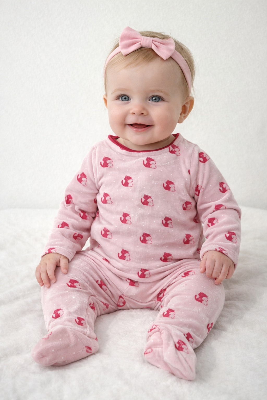 Pink with red kitten prints Baby full Jumpsuit