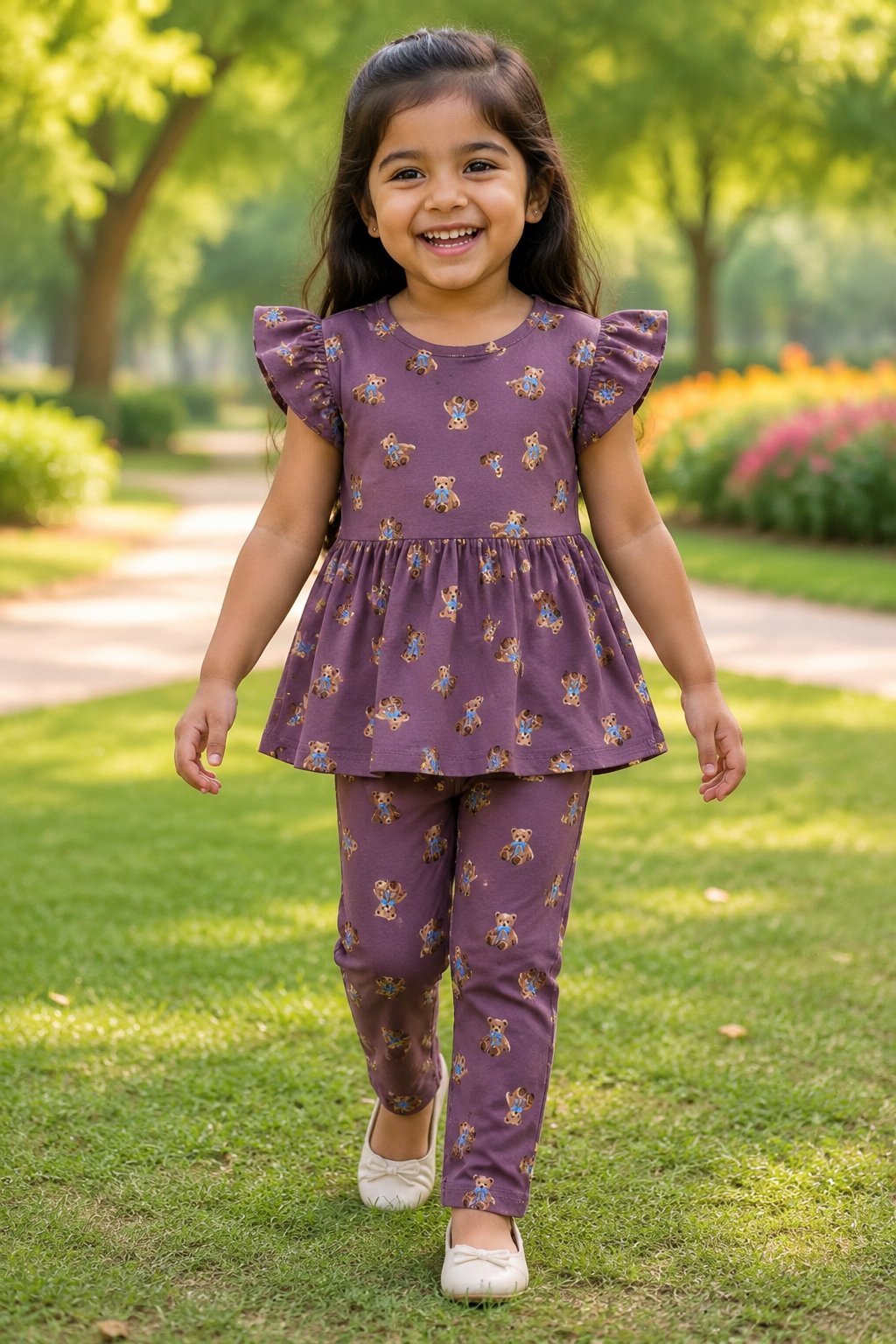 Teddy bear print  -Peplum Girls set
