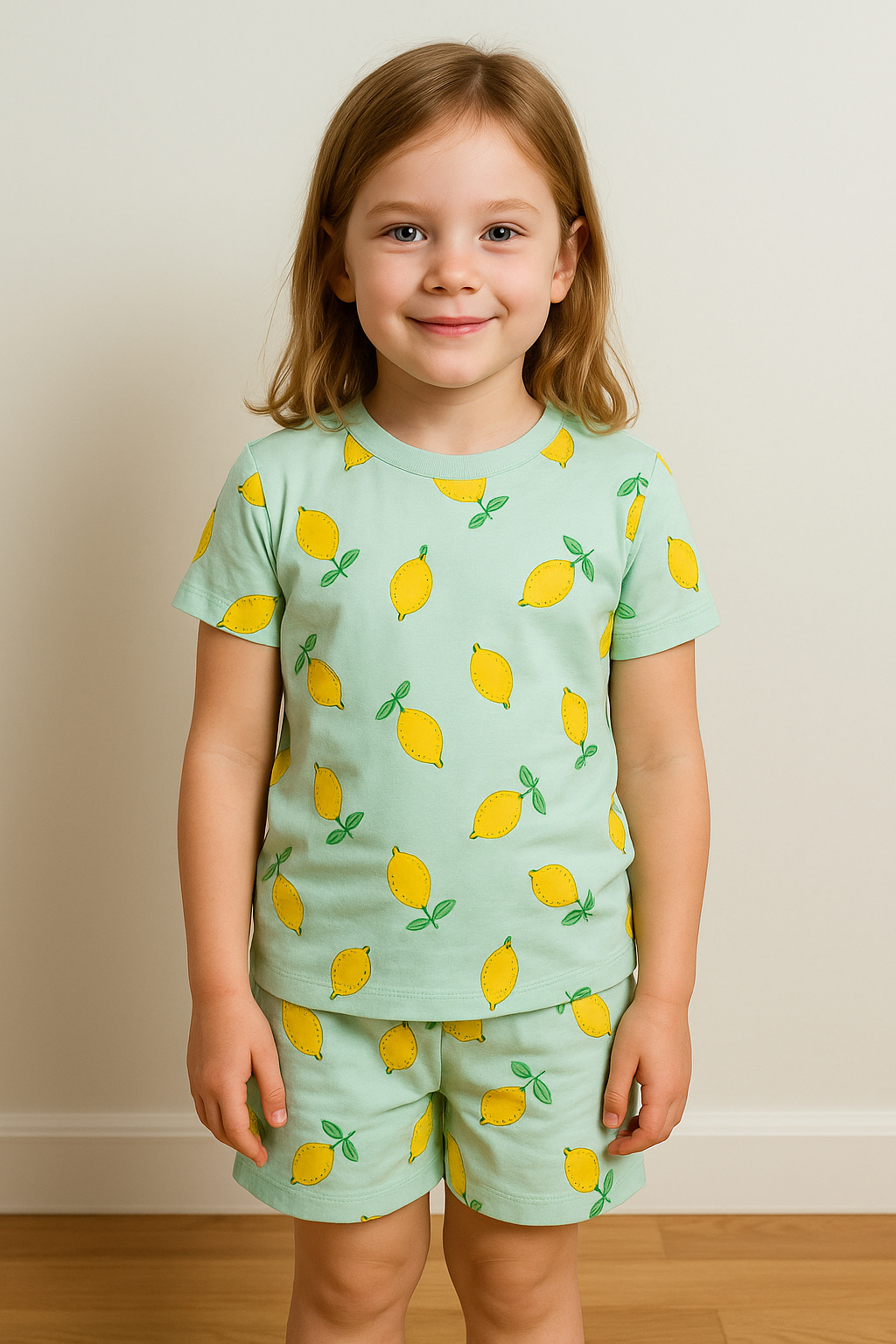 Green shorts set for a child, featuring a bright yellow lemon and leaf print on both the short-sleeved top and the matching shorts
