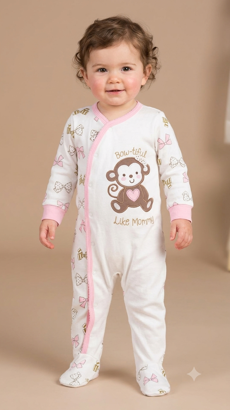 White with monkey 🐒 with shoes (snap button)-Baby high quality jumpsuit