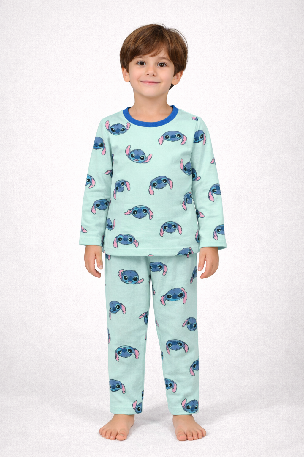 Premium Disney-Inspired Stitch Long Sleeve Pajamas – Kids' Mint Blue Cotton-Blend Thermal Set