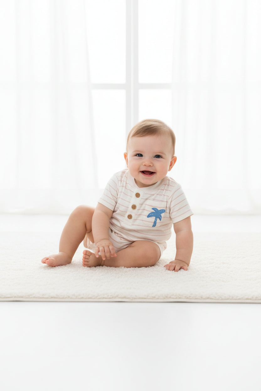 light beige stripes and a blue palm tree design 🌴- Baby  half Jumpsuit