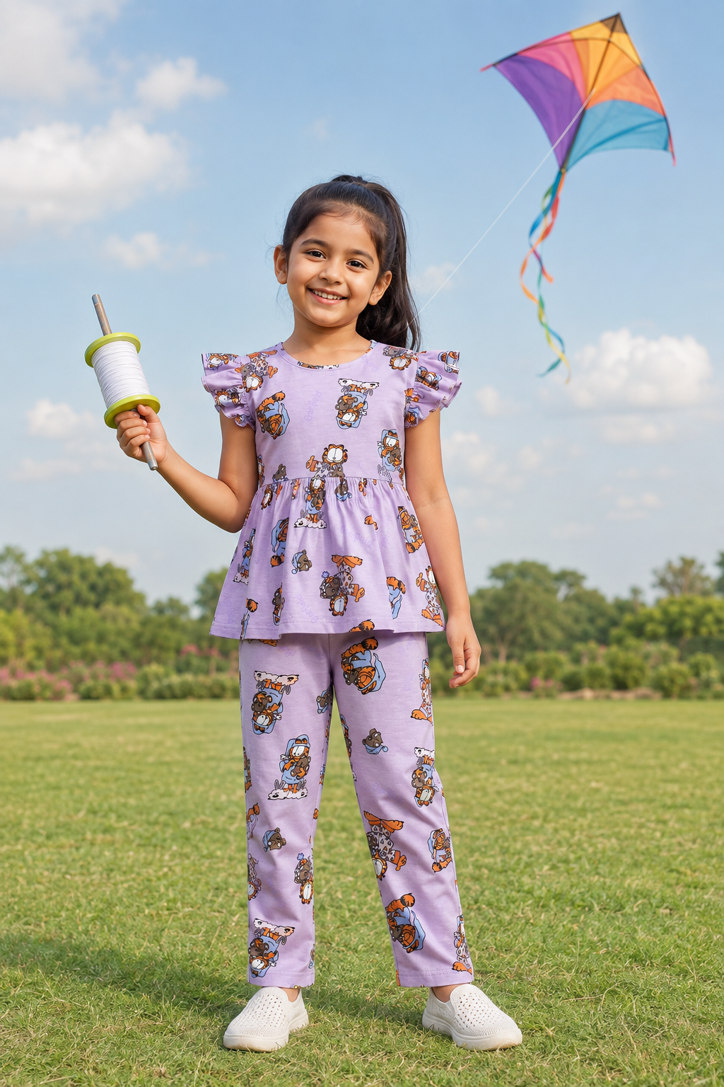 Light purple Garfield print -Peplum Girls set