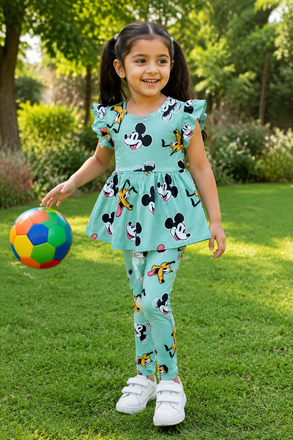 Charming sea green Mickey Mouse print-Peplum Girls set