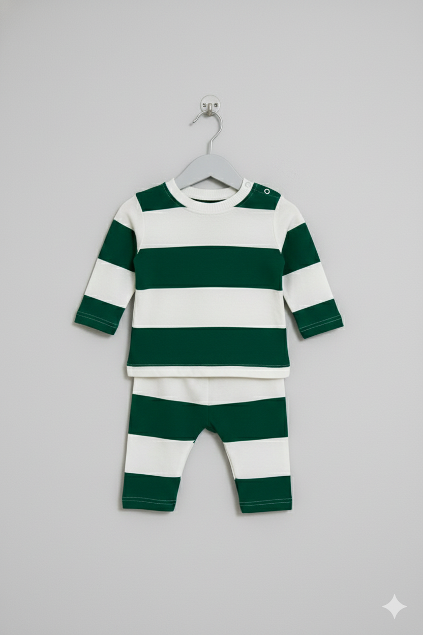 Premium Loop Net green and white striped full-sleeve co-ord set.