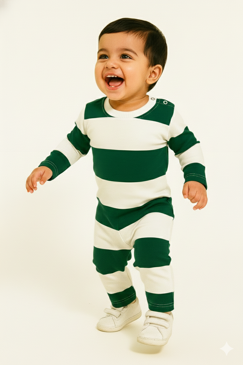 Premium Loop Net green and white striped full-sleeve co-ord set.
