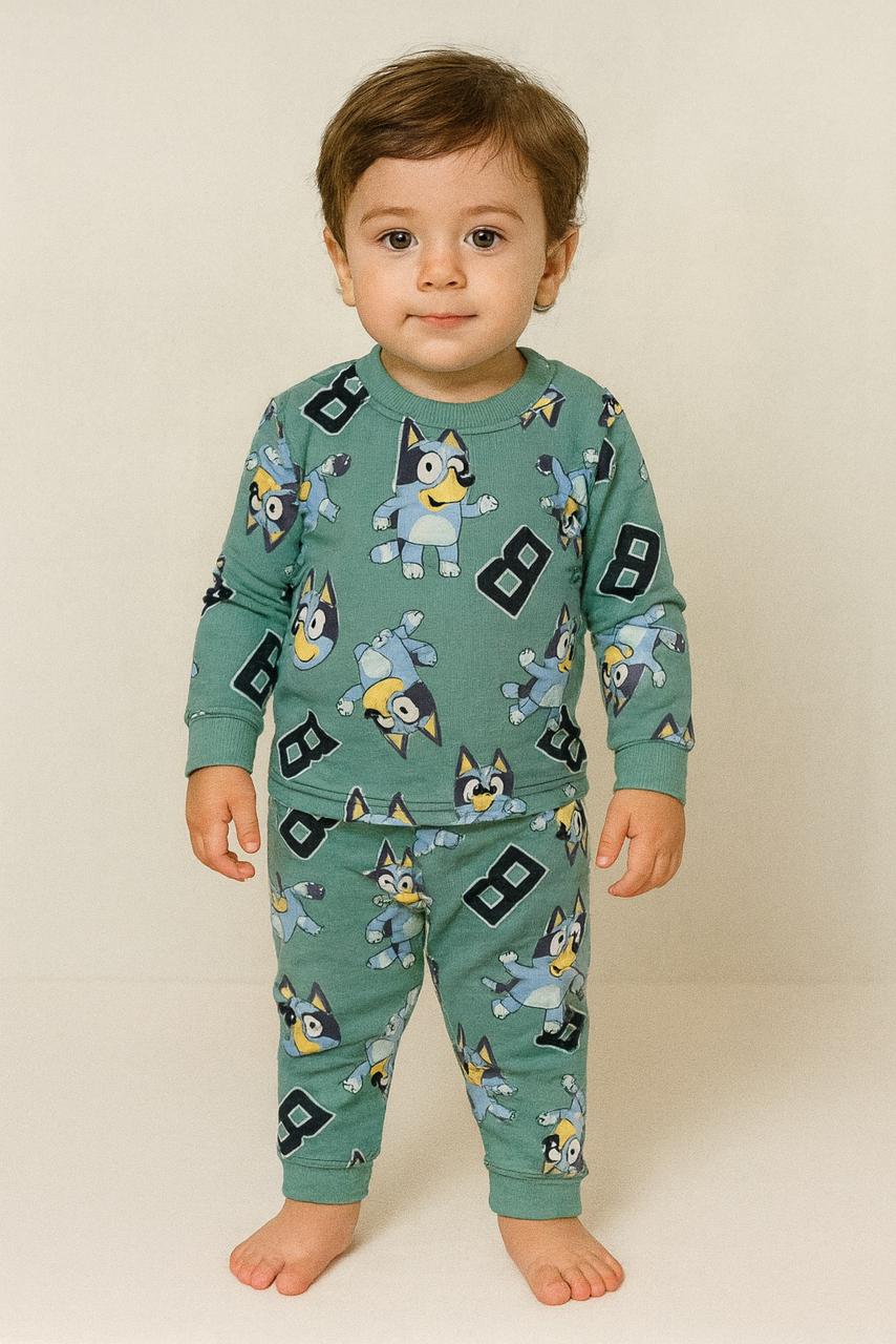 Baby Co -Ord set full sleeve  green full-sleeve co-ord set featuring cute cartoon dog prints(snap button)