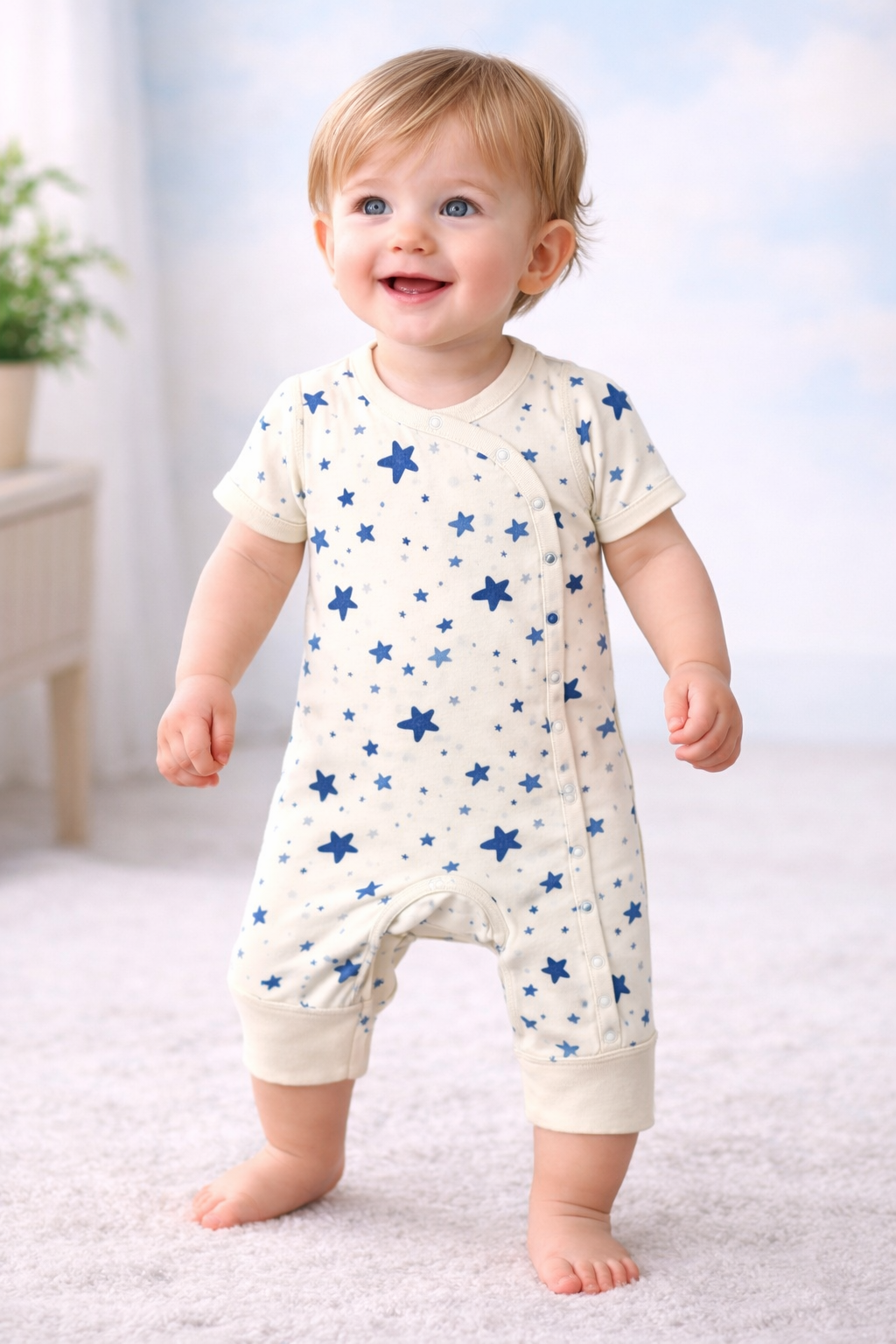 Light beige with blue star prints  -Baby Half Jumpsuit
