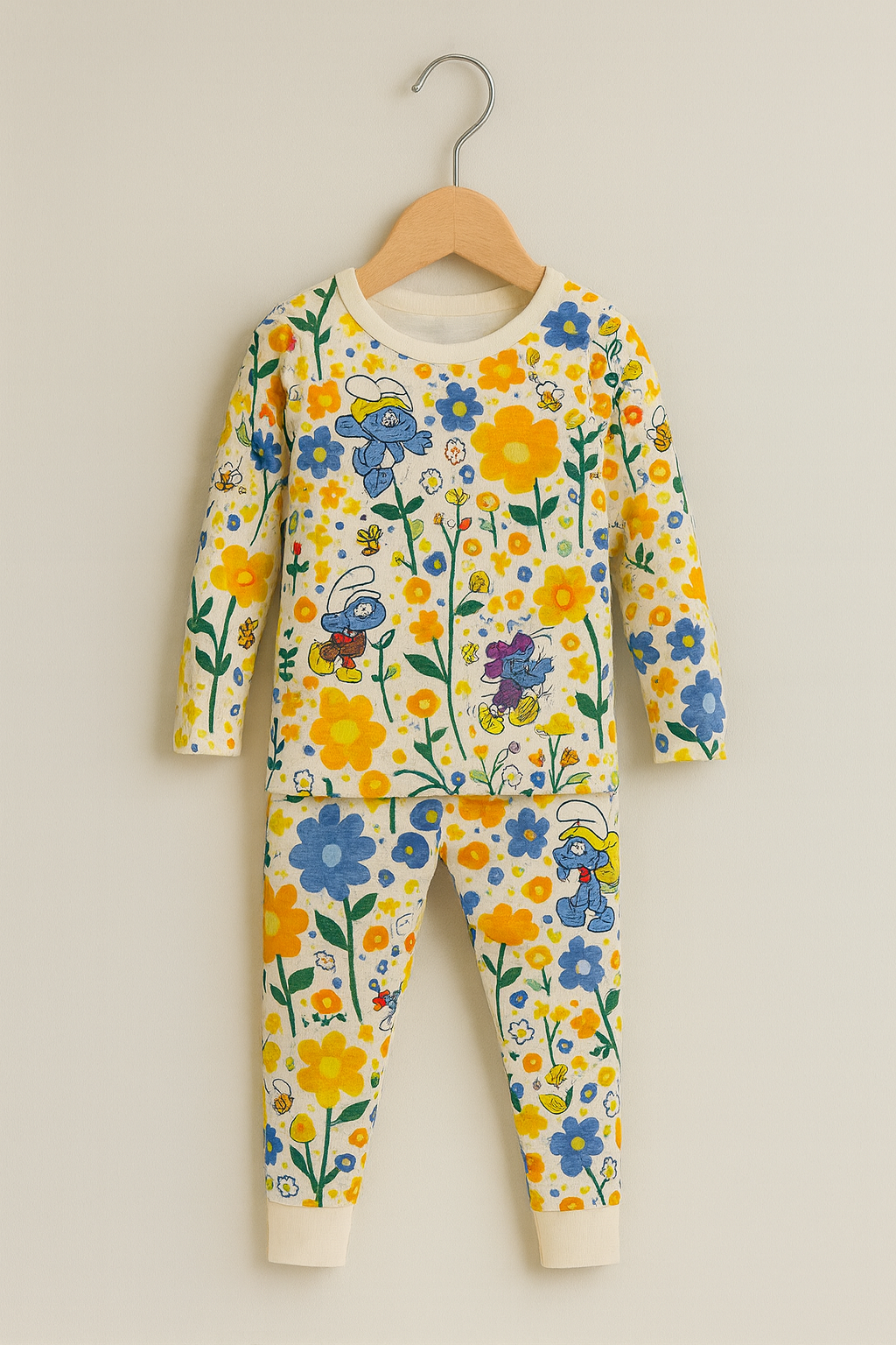 Bright and cheerful kids’ nightwear set featuring an all-over floral and character print in yellow, blue, and green.