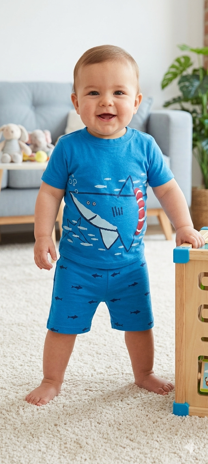 Blue Base Shark  & small fish-Baby Shorts Set