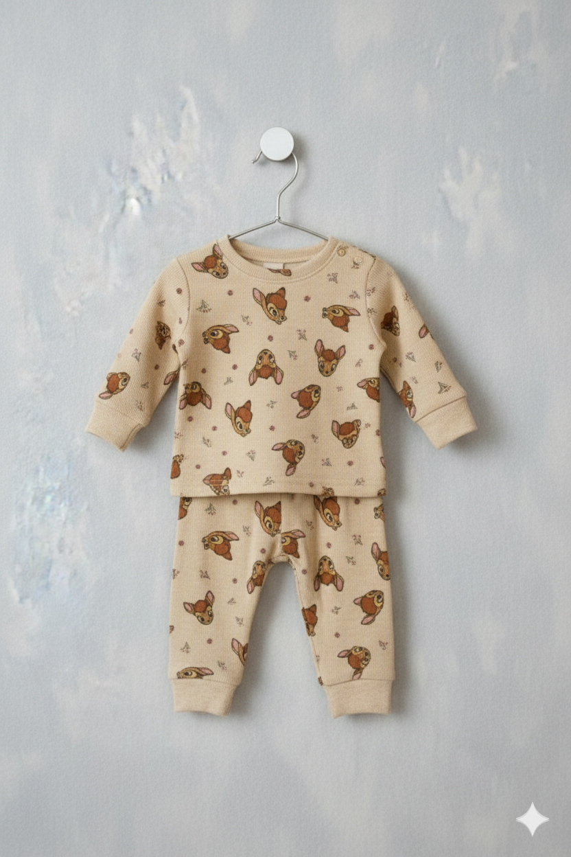 Baby Co -Ord set full sleeve  Beige Bambi themed print (snap button)