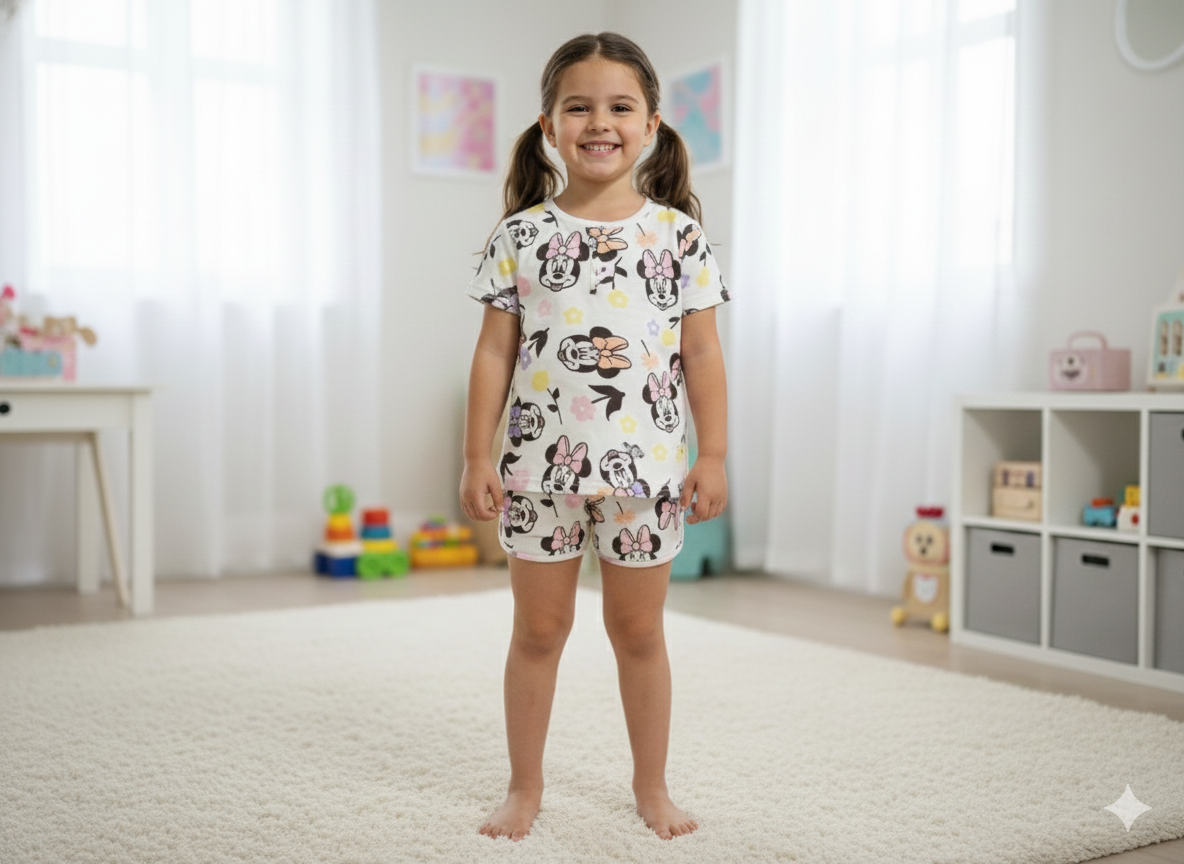 Premium cotton Minnie Mouse with matching top and shorts—soft, stylish, and comfortable.