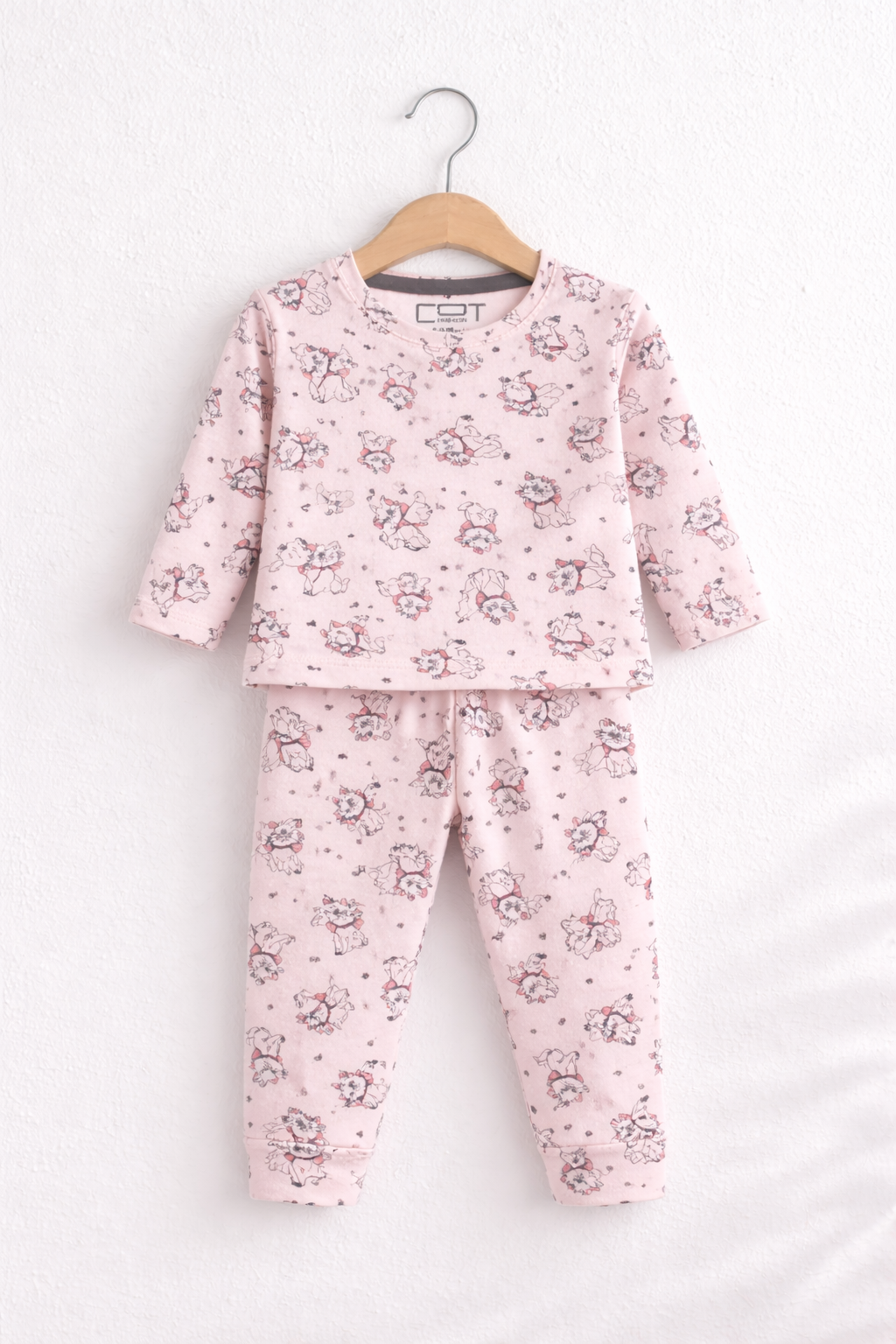Baby Co -Ord set full sleeve light pink kitten print (snap button)