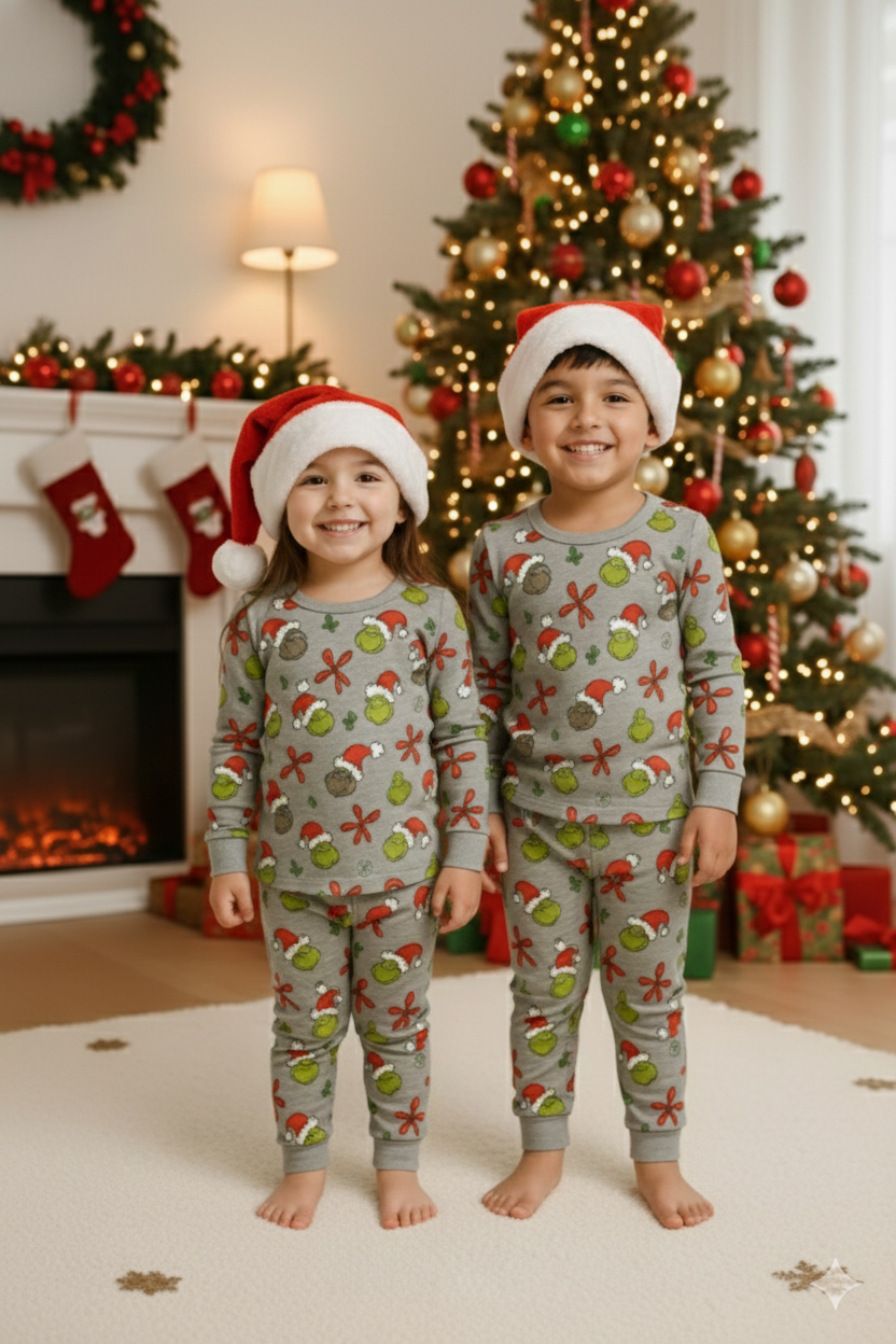 Premium winter grey full-sleeve co-ord set decorated with festive christmas-themed prints in green, red, and white