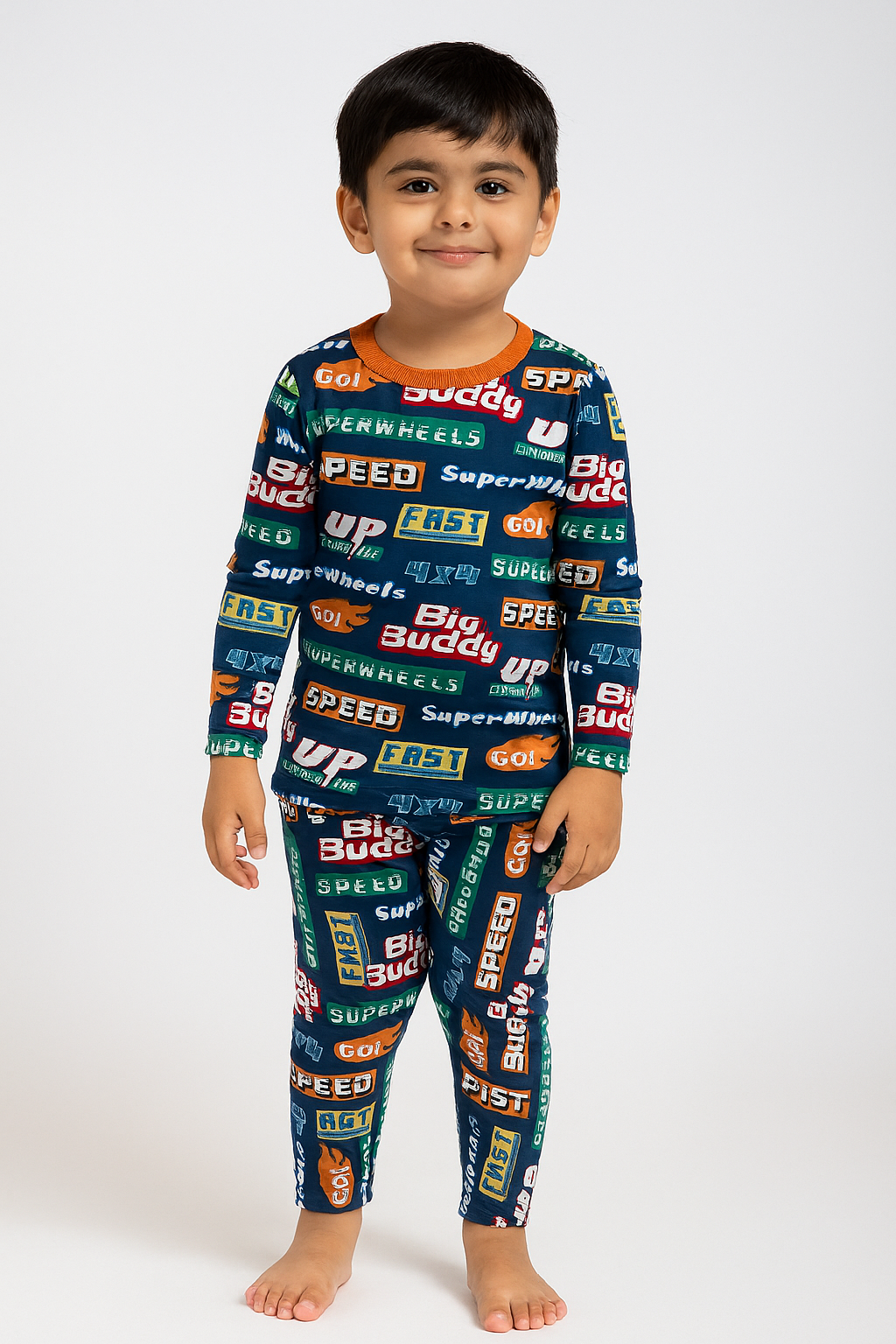 Premium winter Navy-blue full-sleeve co-ord set colourful graphic text prints in orange, yellow, green, red, and white