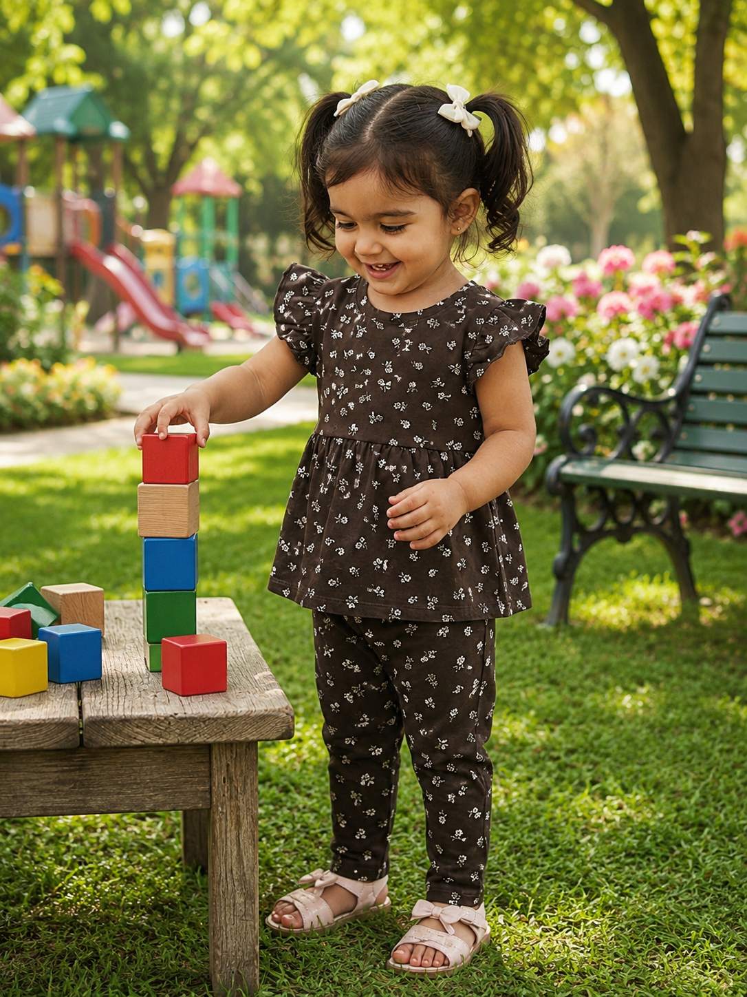 Dark grey and white floral print -Girls set