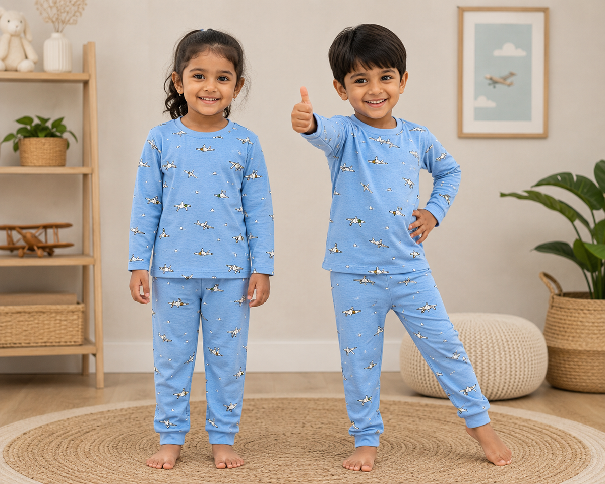 Sky Blue with White, Grey & Olive Green Airplane Print -Premium winter wears LoopKnit