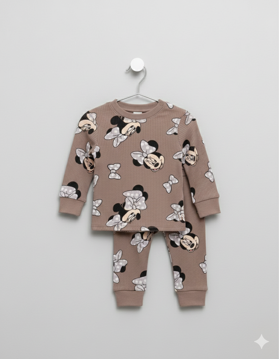 Baby Co -Ord set full sleeve  Brown minne mouse print(snap button)