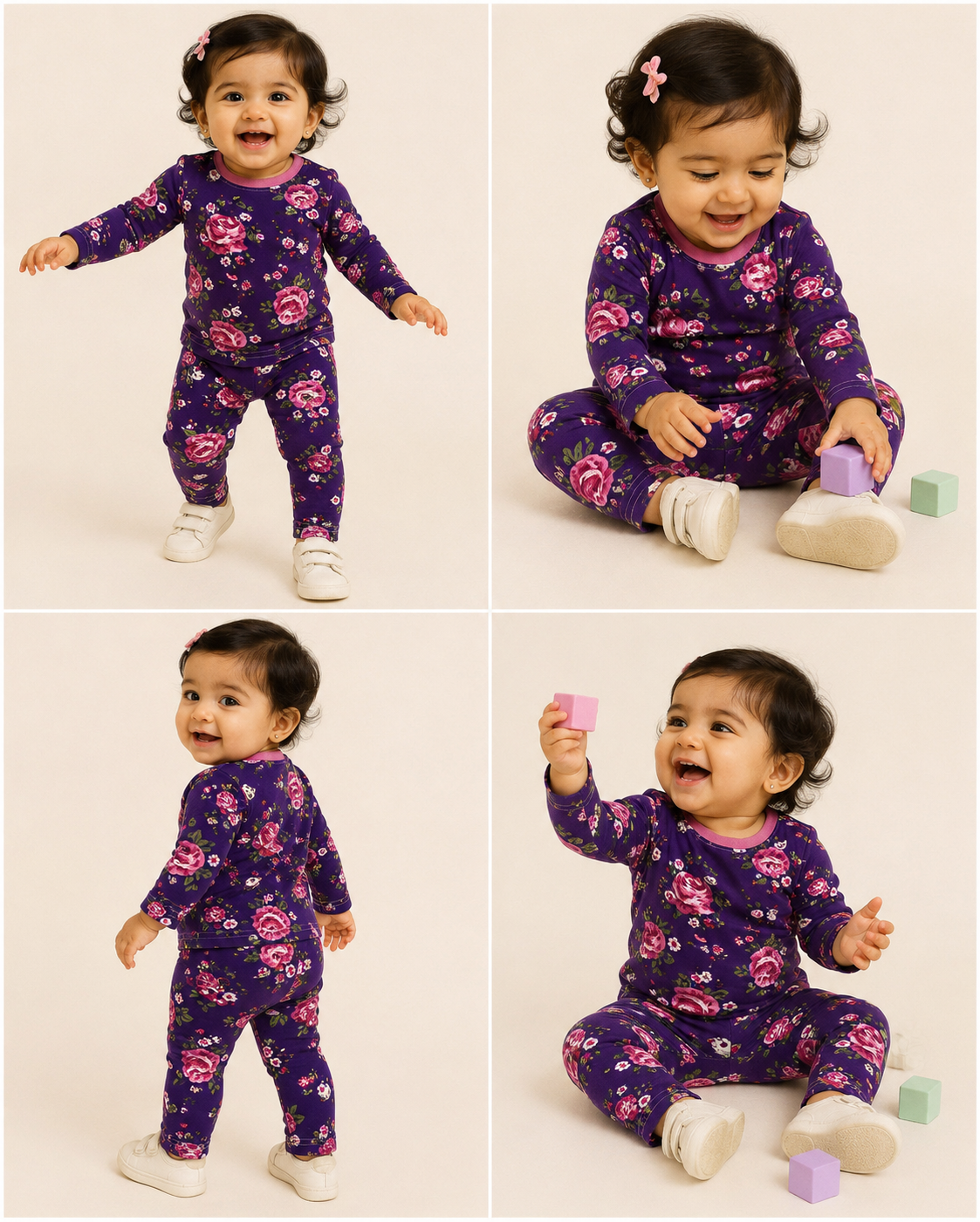 Premium winter Loop net purple full-sleeve floral co-ord set decorated with bright pink, white, and green flower prints