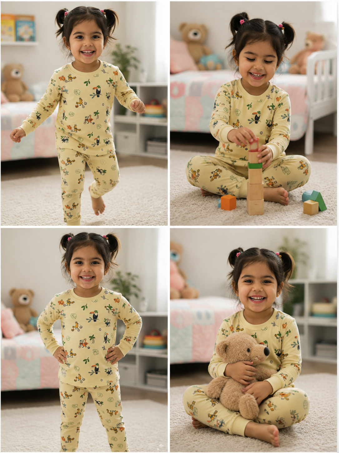 Premium winter  Light yellow full-sleeve co-ord set covered with cute animal and nature-themed prints