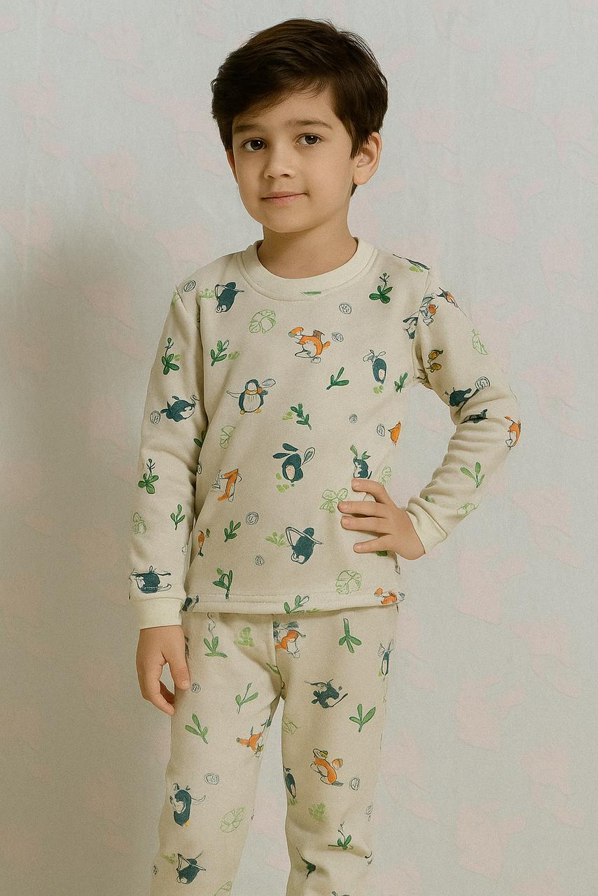 Premium winter light beige full-sleeve co-ord set featuring playful animal and nature prints