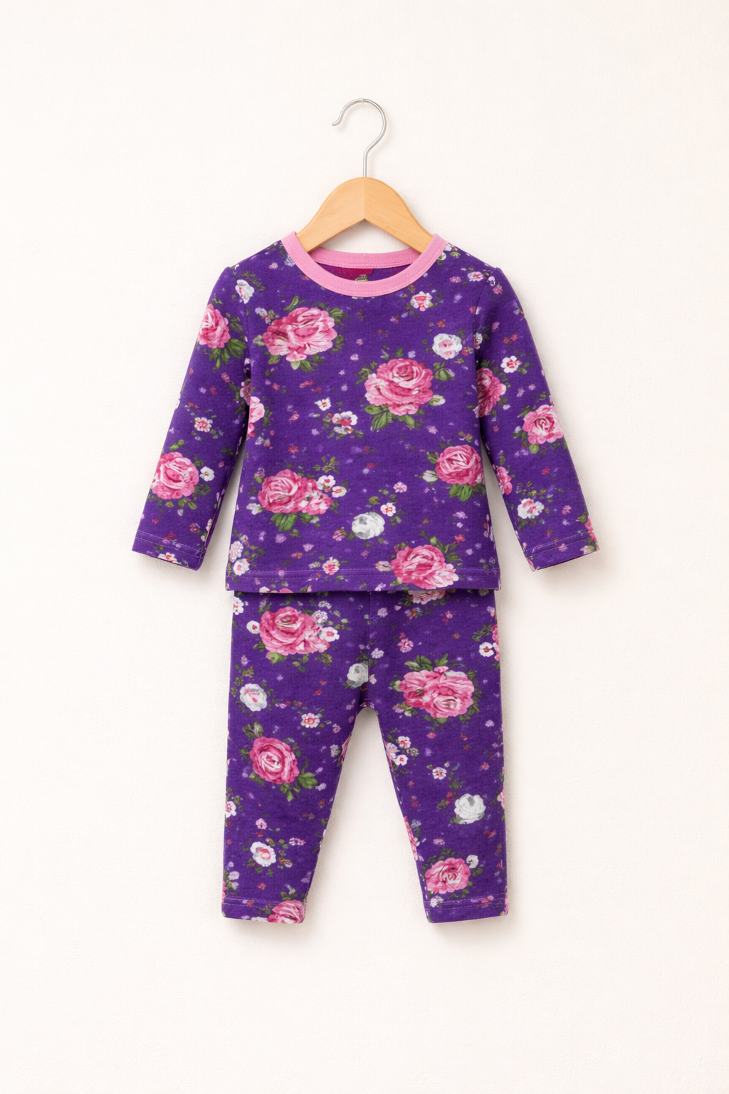 Premium winter Loop net purple full-sleeve floral co-ord set decorated with bright pink, white, and green flower prints