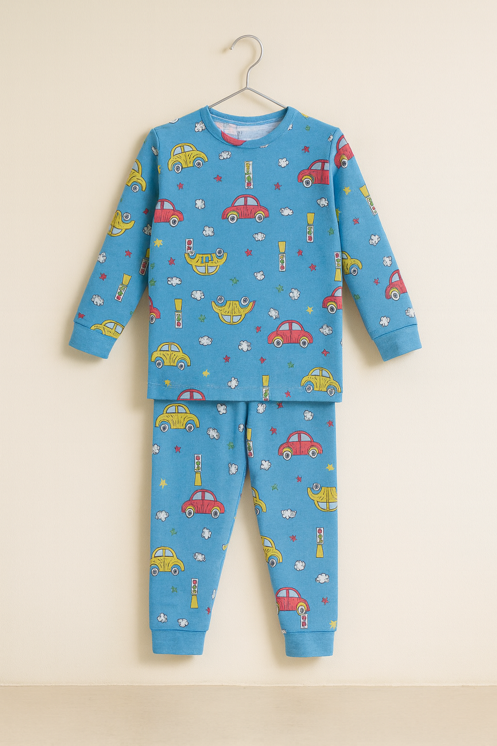 Soft sky-blue base with cute car, cloud, and traffic-light prints