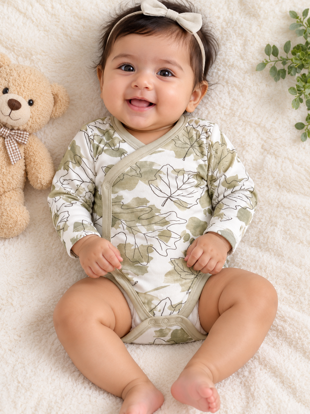Beige base leaf prints baby romper