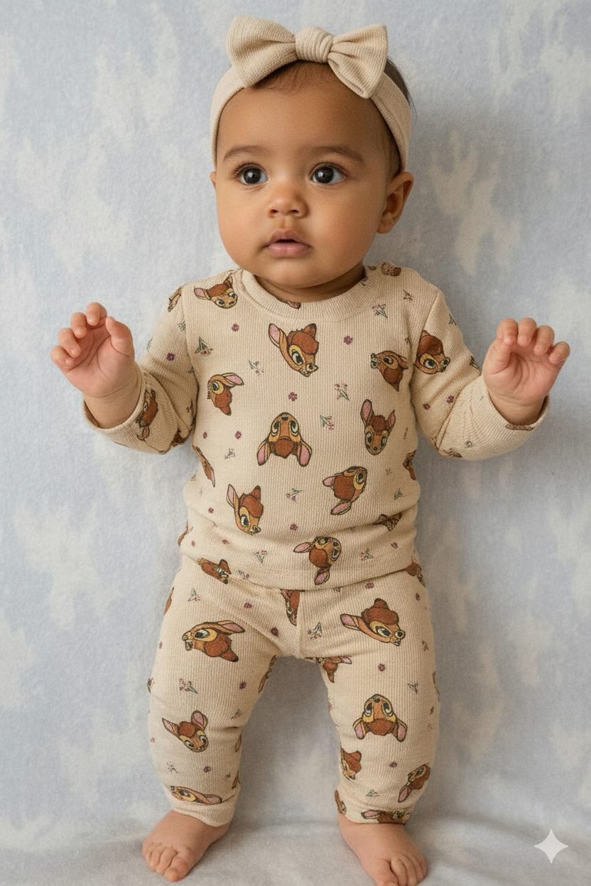 Baby Co -Ord set full sleeve  Beige Bambi themed print (snap button)