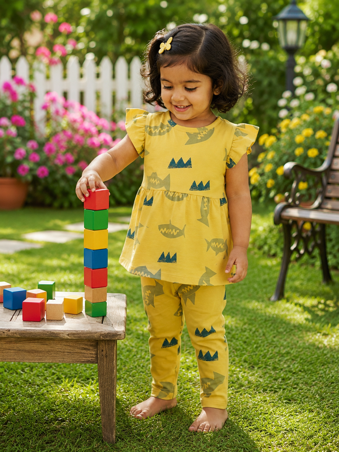 Yellow base Blue and green graphic print
- Girls set