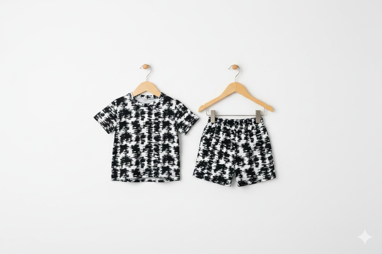 Stylish two-piece short set for a boy featuring a bold, abstract black and white print