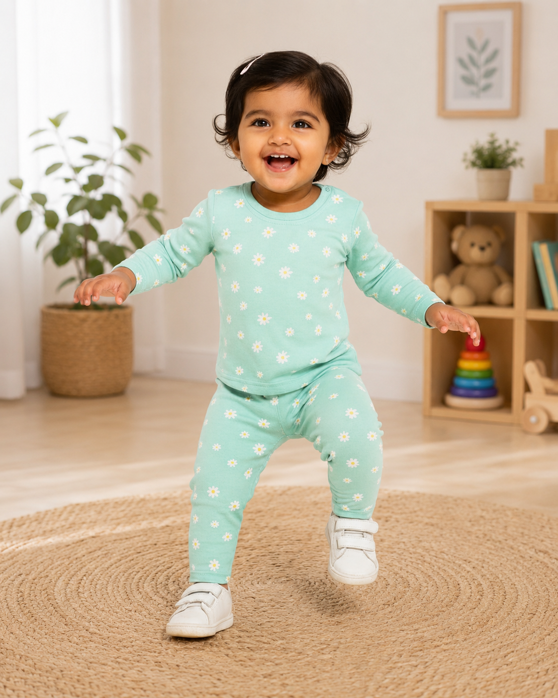 Premium winter Loop Net mint green full-sleeve co-ord set decorated with tiny white and yellow daisy prints.