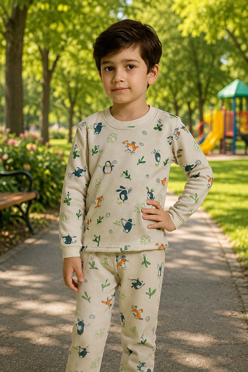 Premium winter  light beige full-sleeve co-ord set featuring playful animal and nature prints