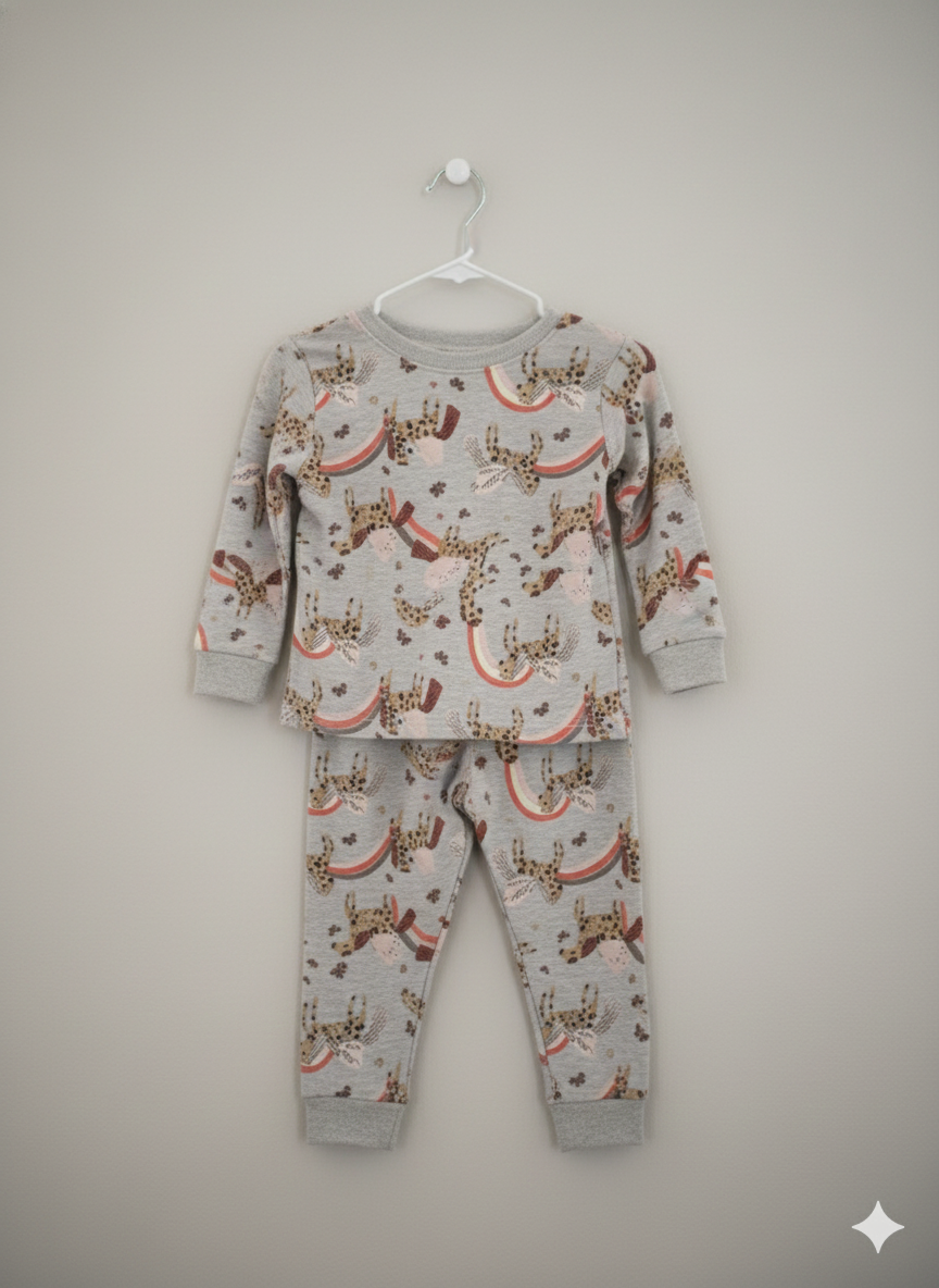 Premium winter Light grey full-sleeve co-ord set featuring playful animal and rainbow prints