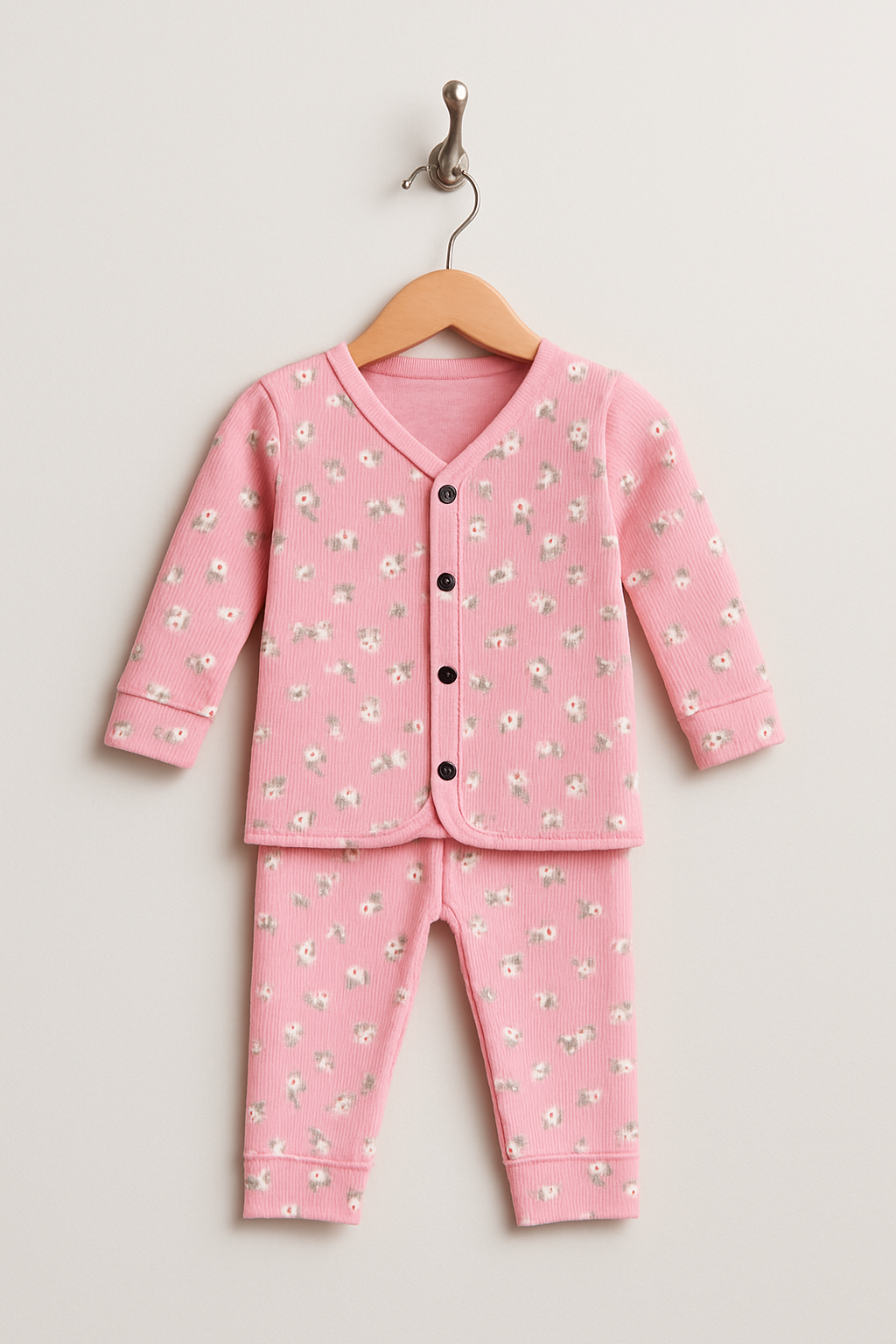 light pink, floral-printed ribbed jabla set with tiny white flowers