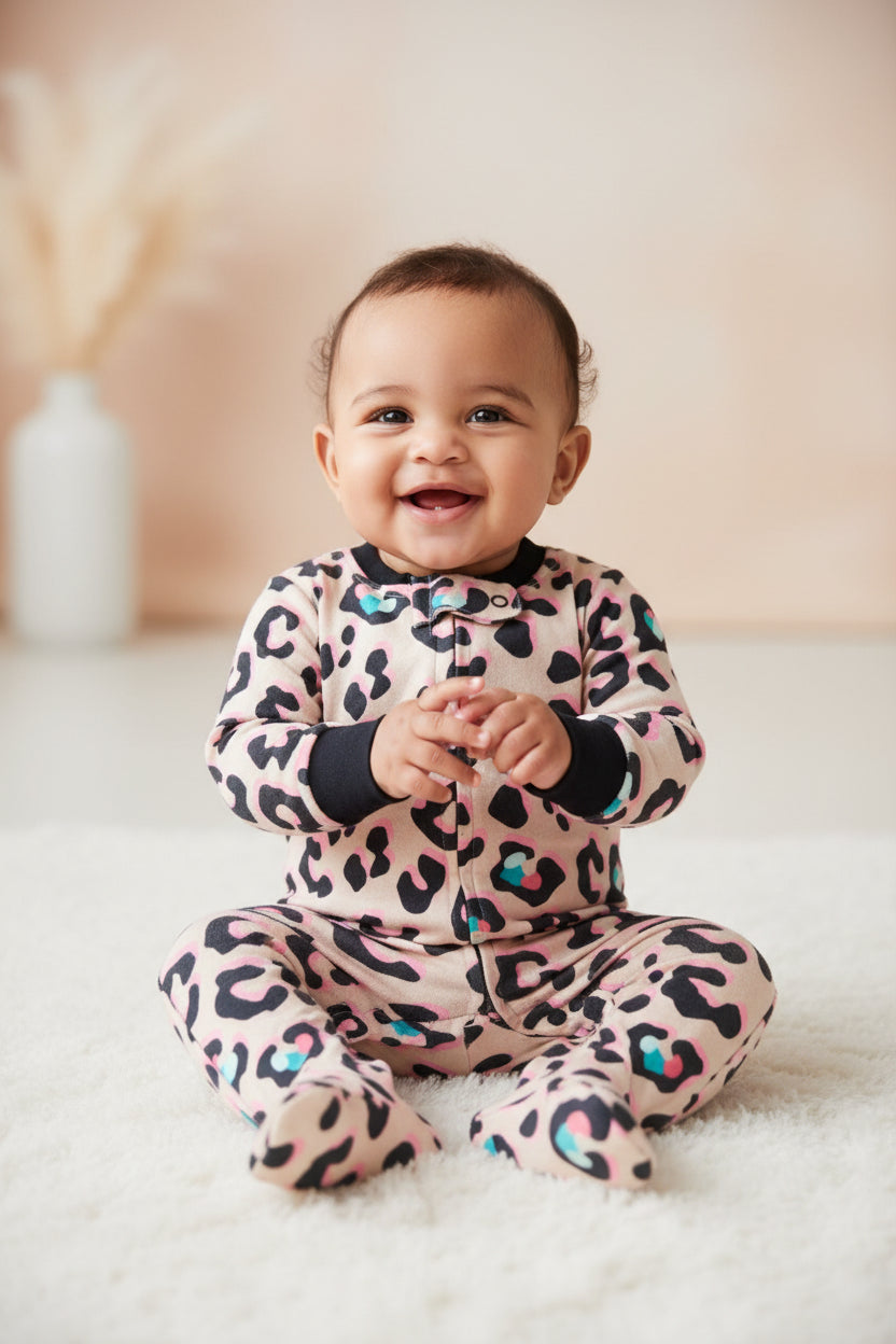 light beige with pink and black leopard prints - Baby Jumpsuit