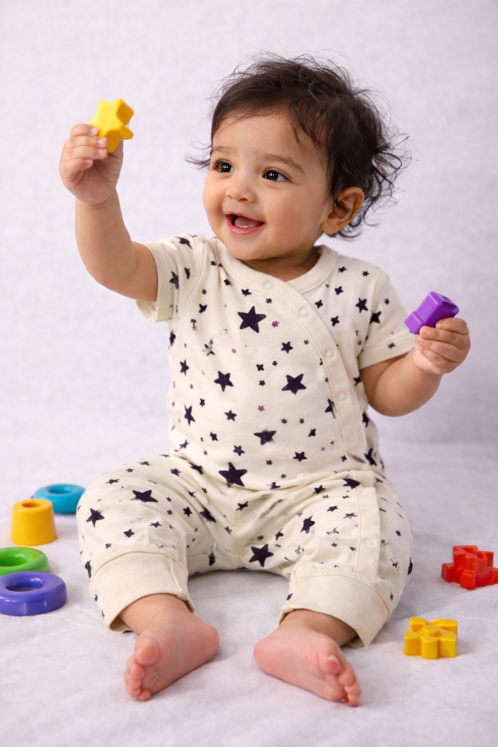 Beige based Purple  star-Baby Jumpsuit